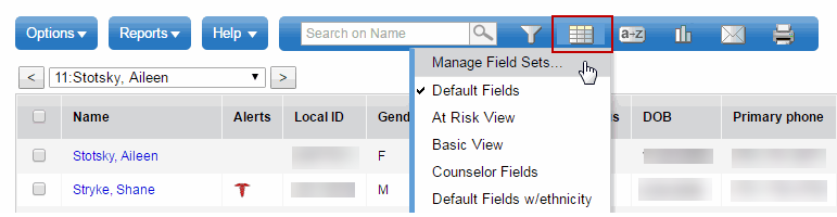 Field set menu drop-down highlighted with default fields selected.