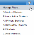 Filter menu drop-down with manage filters selected.