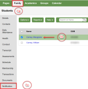 Family tab, Notification side-tab, and student selected