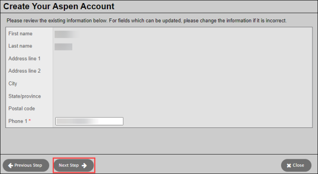 Create Your Aspen Account screen