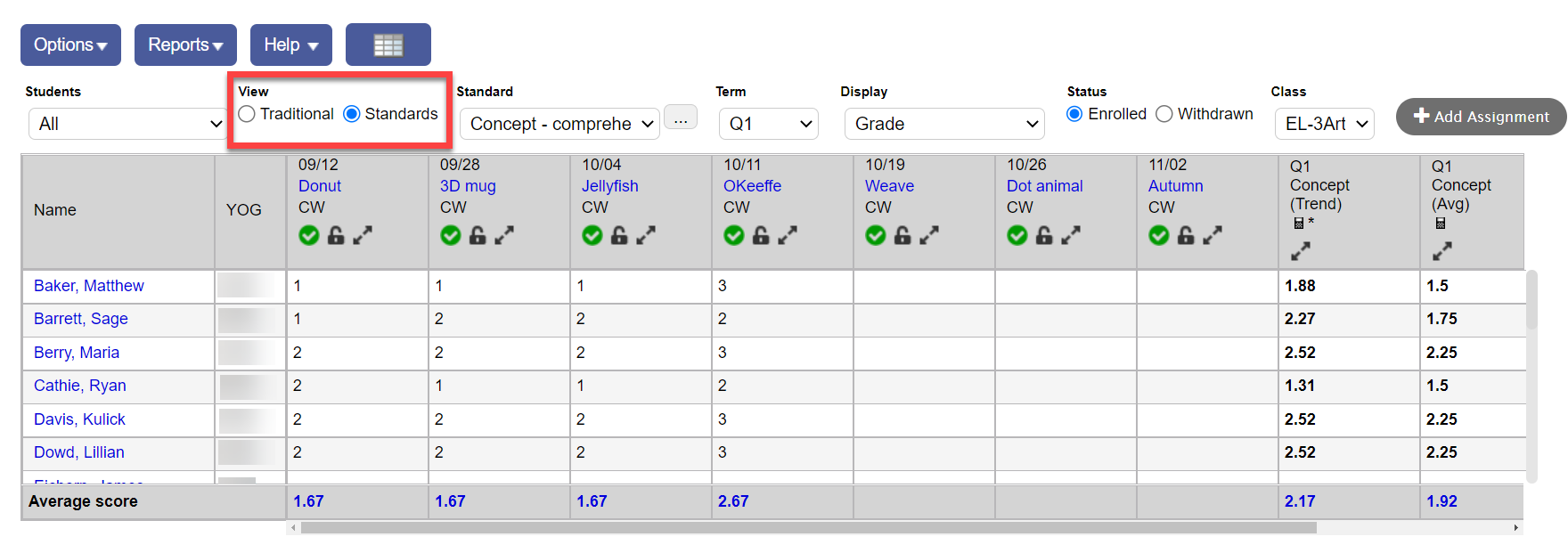Scores page Standards View