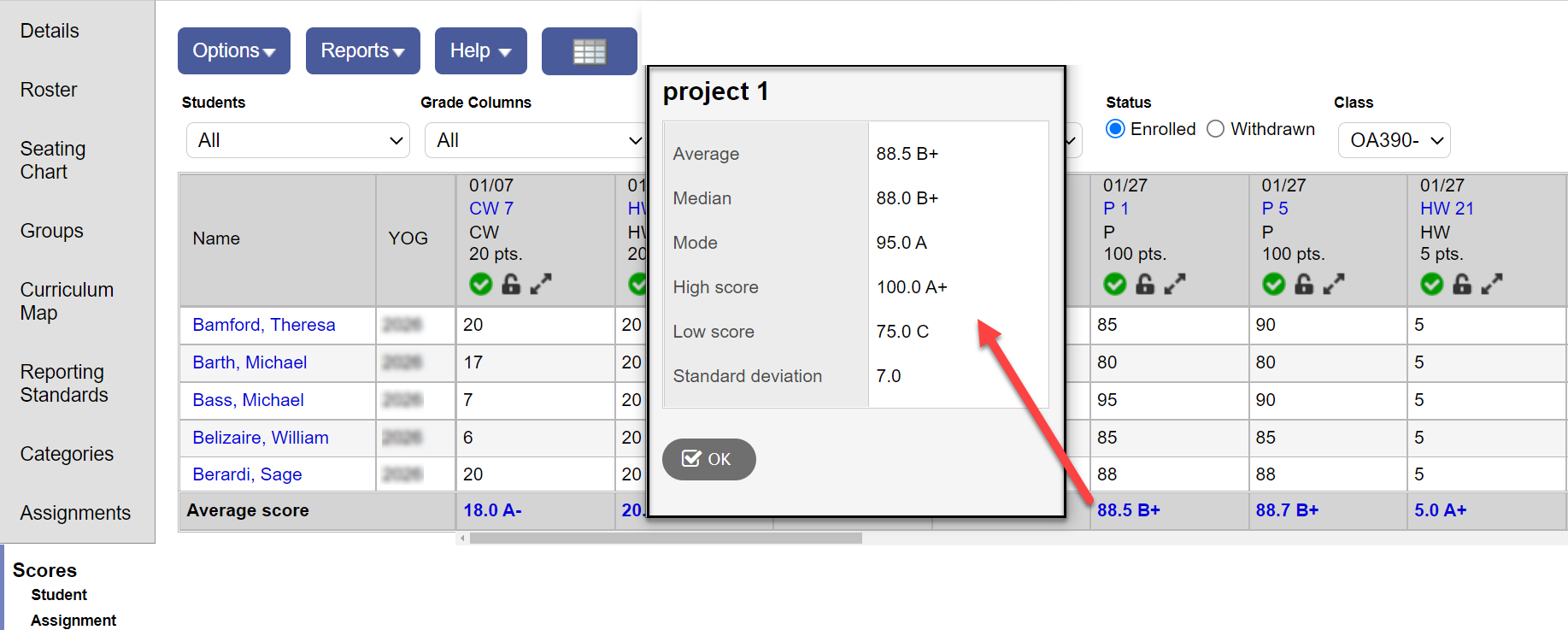 Assignment statistics pop-up