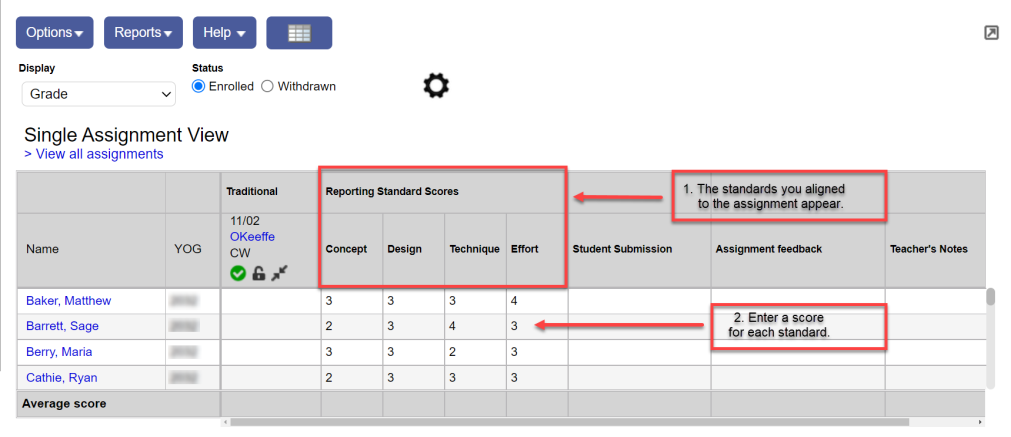Single Assignment View with Standards scores