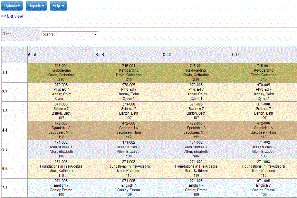 Student schedule page, Matrix view